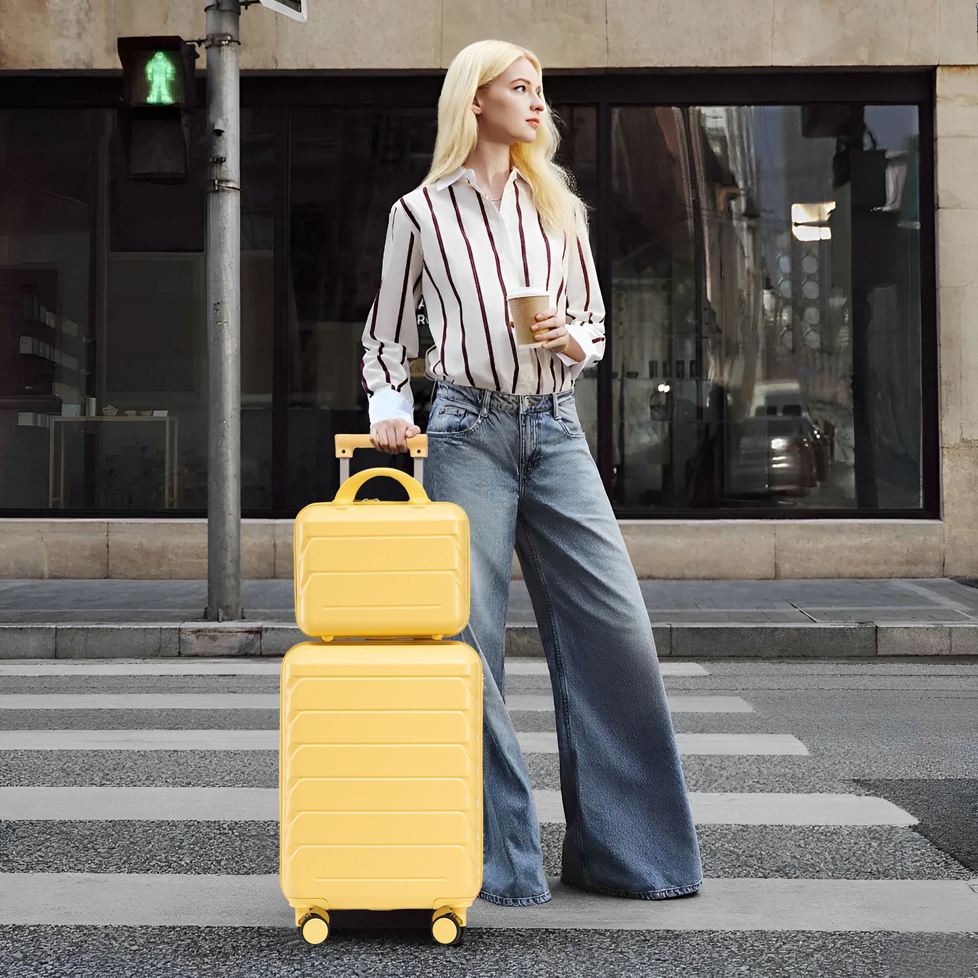 2 Piece in ABS Spinner Wheel Luggage Sets, Hardside Suitcase with Combination Lock,20 inch Carry On Luggage 14 inch Cosmetic Case