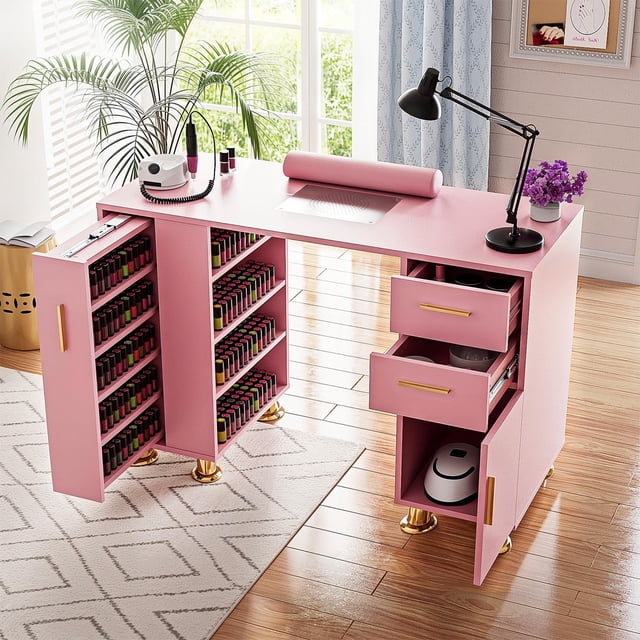 Mesa de manicura Kikihuose para uñas con cajón y espacio de almacenamiento, color rosa