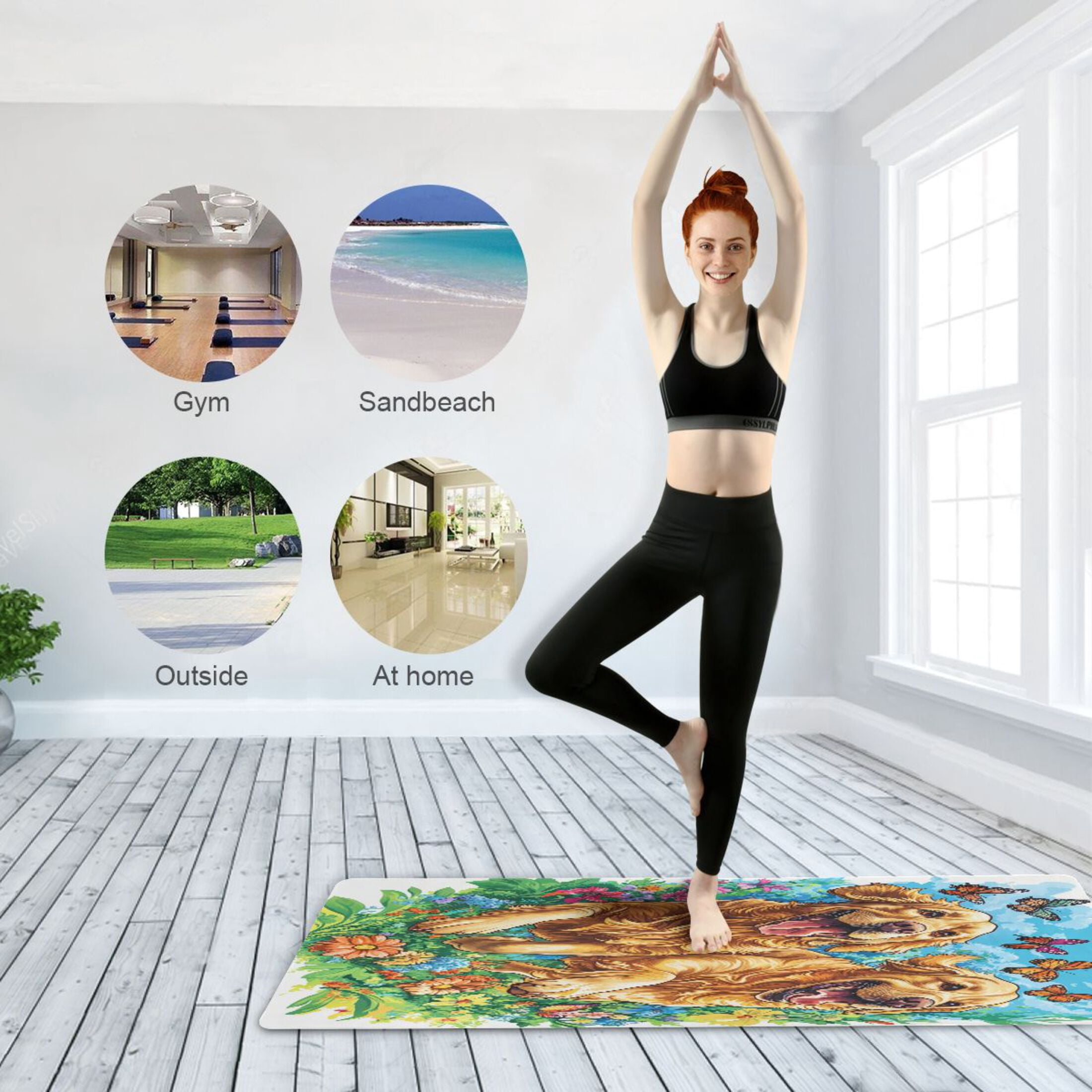 BZSMCE Yoga Mat Women Dogs Running Among Flowers Butterflies Fitness Mat