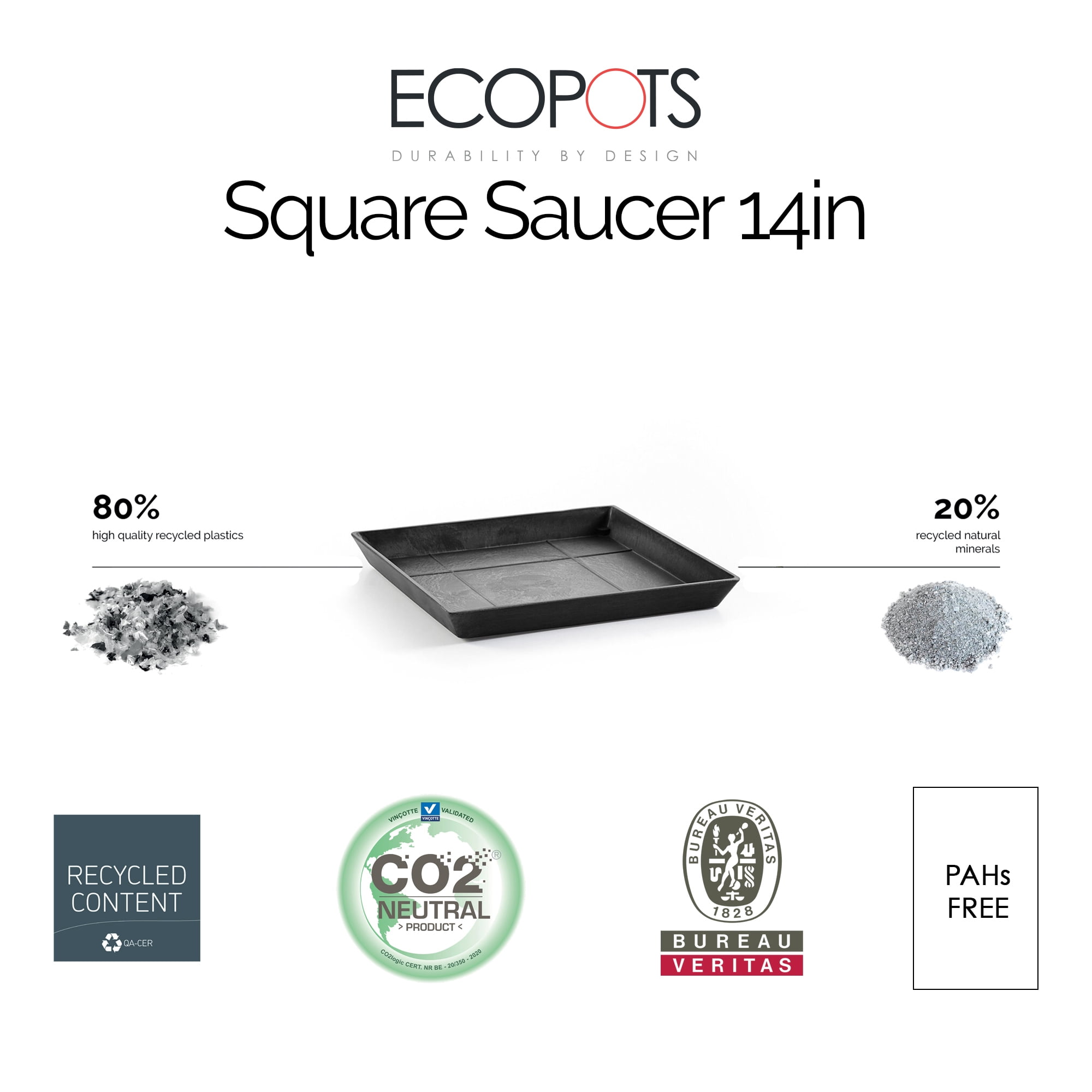 Ecopots 13.9" x 13.9" x 1.3" Square Dark Grey Plastic Plant Planter with UV Resistance