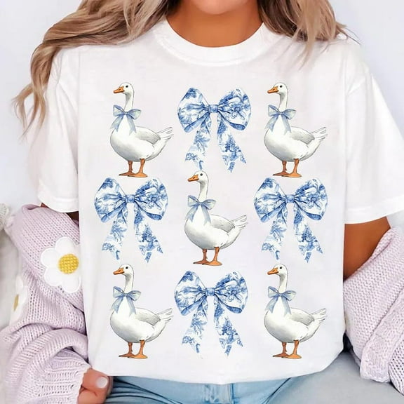 Coquette Goose Shirt, Goose Lover Tee, Blue Toile Coquette Shirt, Vintage Goose Girly Shirt, Grand Millennial Mom Goose Shirt