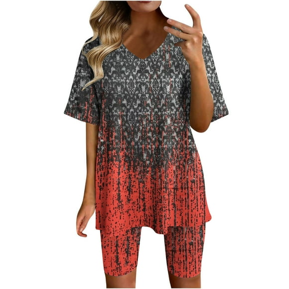 Qiopertar Women Two-piece Color-blocking V-Neck Short-sleeved Fashion Casual Suit Clearance Free Shipping Deals of the Week Clearance