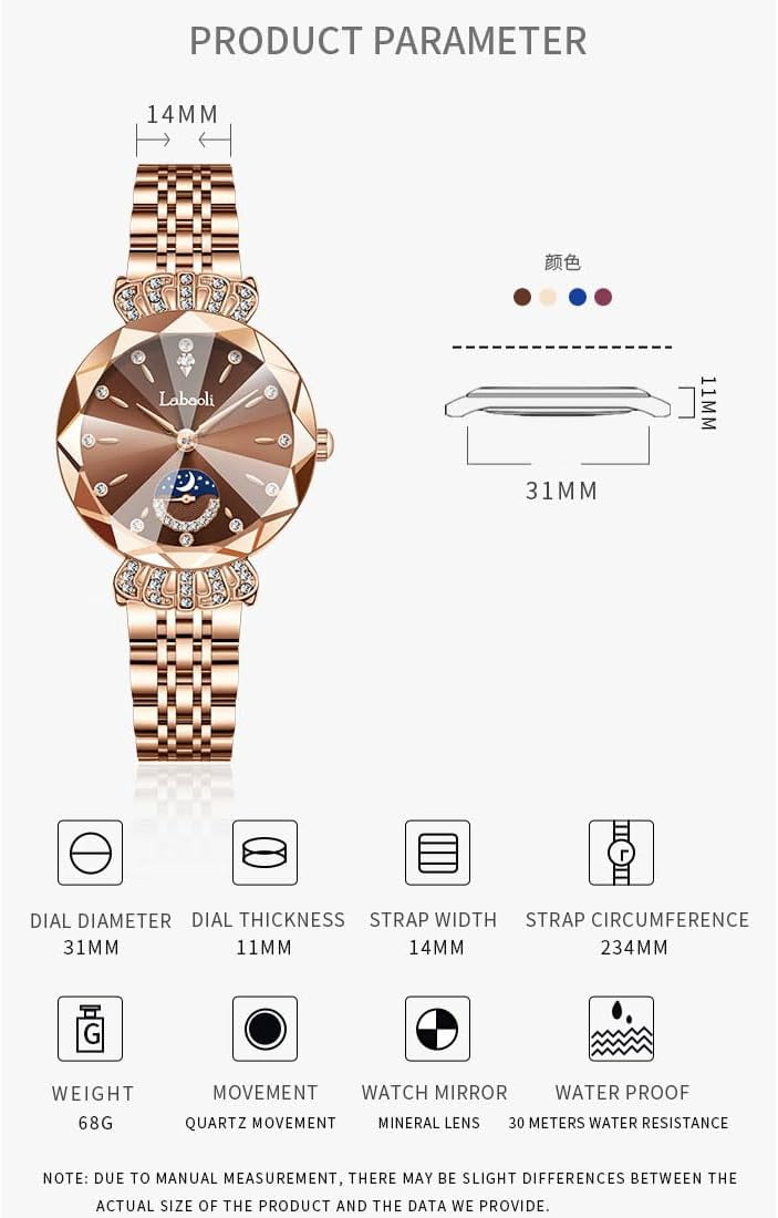 Watches for Women Rose Gold Stainless Ladies Female Fashion Luxury Diamond Dress Business Waterproof Quartz Wife Gifts Crystal Blue Wrist Watch