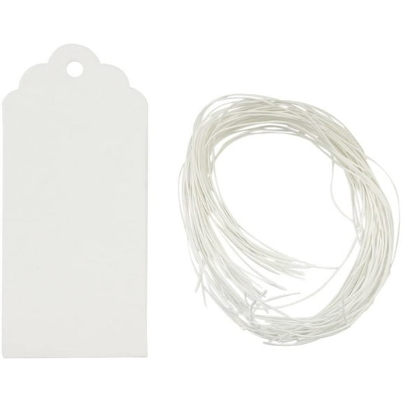 Wrapables 50 Gift Tags/Kraft Hang Tags with Free Cut Strings for Gifts, Crafts & Price Tags - White Scalloped Tag