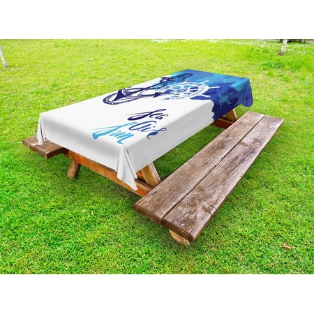 Picnic Rose - Nautical Outdoor Tablecloth, Vivid Ocean Back with Paint Effects with Wind Rose and Rudder Cruise Image, Decorative Washable Fabric Picnic Tablecloth, 58 X 120 Inches, Blue and White, by Ambesonne