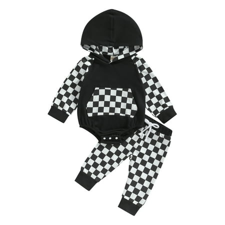 

Calsunbaby Infants Baby Boys Girls 2Pcs Outfits Checkerboard Plaid Long Sleeve Hooded Romper with Long Pants Clothes Sets Black 3-6 Months