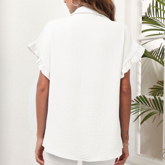 Camisas Abotonadas Para Mujer Camisa Versátil Con Solapa Cuello En V Mangas De Encaje Top Camisa Básica De Color Puro Top Transpirable Para Mujer Camisas Con Botones Para Mujer ANGGREK Otros