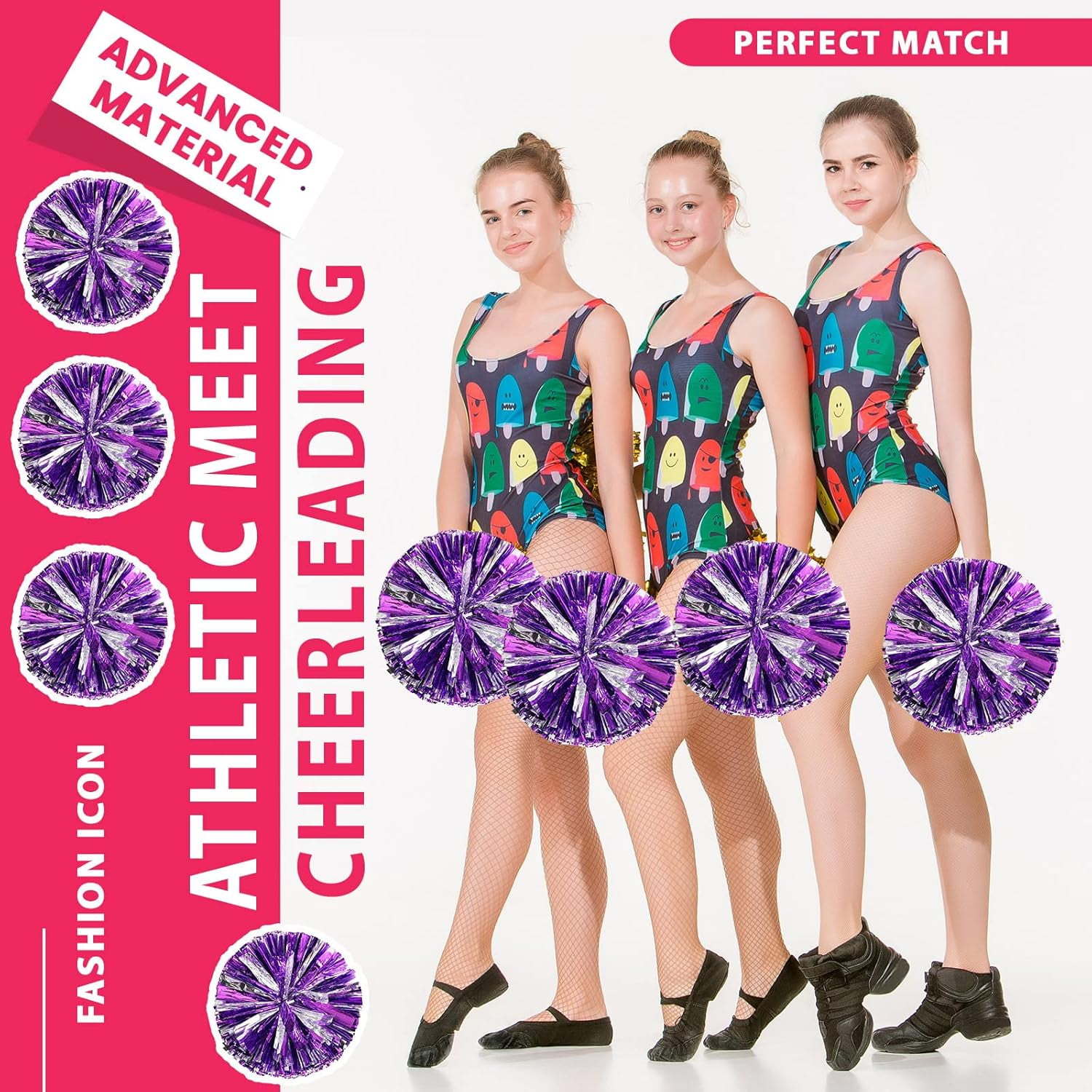Cheer pom pom, 8 PCS Cheerleading Pom Poms, Premium Metallic Pom Poms Set Cheering Hand Flowers Handle Dance Pom Poms Cheering Squad Pompoms for Football Basketball Cheers