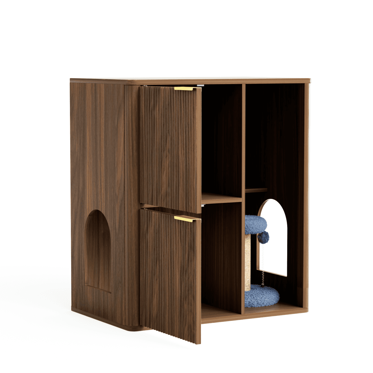 LuckyNote Cat Litter Cabinet with Cat Tree, 31.5" Walnut Hidden Litter Box Furniture with Dual Cat Doors & Storage Shelf, Mid-Century Modern Pet Cabinet