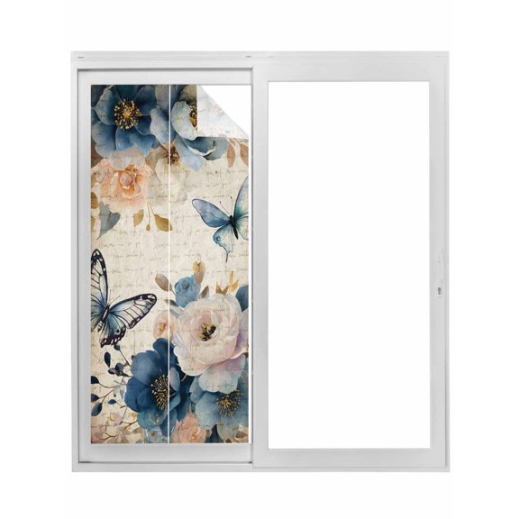 Vintage Blue Floral Window Privacy Film, Butterflies Watercolor Flower Tan Static Cling UV Sun Blocking Tint Film Heat Control Windows Films for Bedroom Bathroom, Window Stickers 35.4"x78.7"