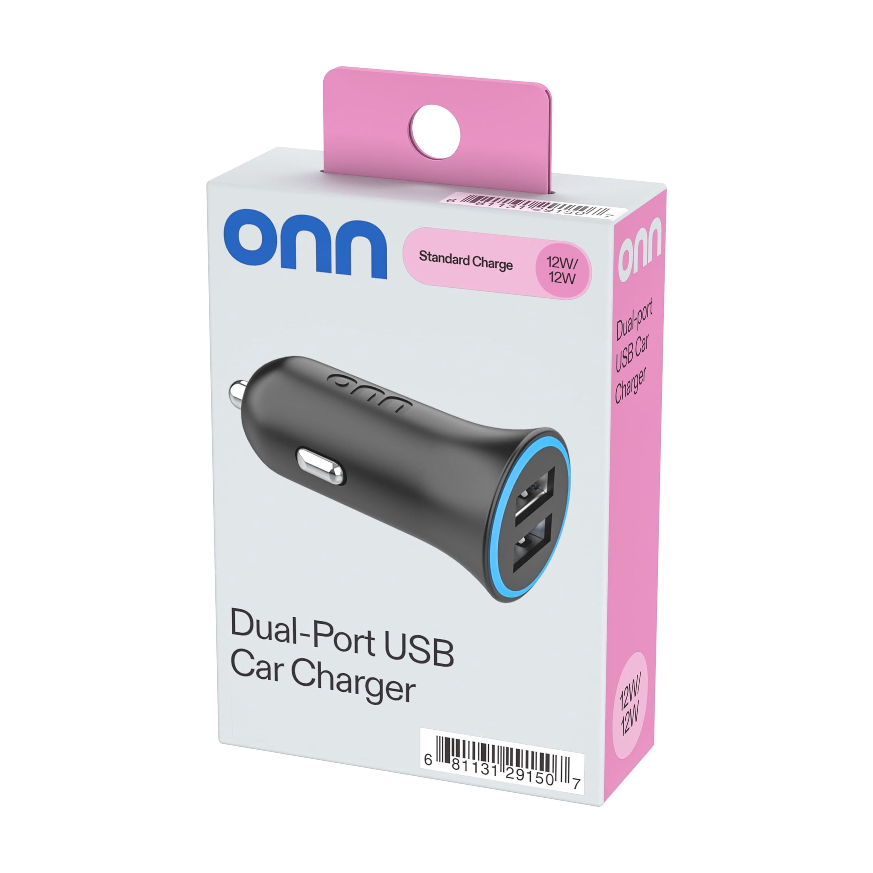 (2 pack) onn 24W Dual USB-A Port Car Charger with Compact Design for Cigarette Lighter Adapter
