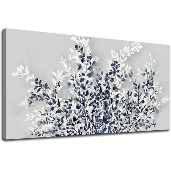 Aaheei Botanical Flowers Wall Art Indigo Blue and White Floral Canvas Pictures Spring Blooming Painting Gray Background Printing Artwork Living Room Bedroom Home Office Wall Decor 12x18