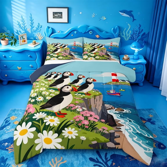 jejeloiu Scenic Coastal Puffin Full Size Comforter Sets,Lighthouse Floral Landscape Bedding Comforter Set For Boys,Green Blue,Navy Blue Reversible,3 Pieces,1 Comforter and 2 Pillowcases