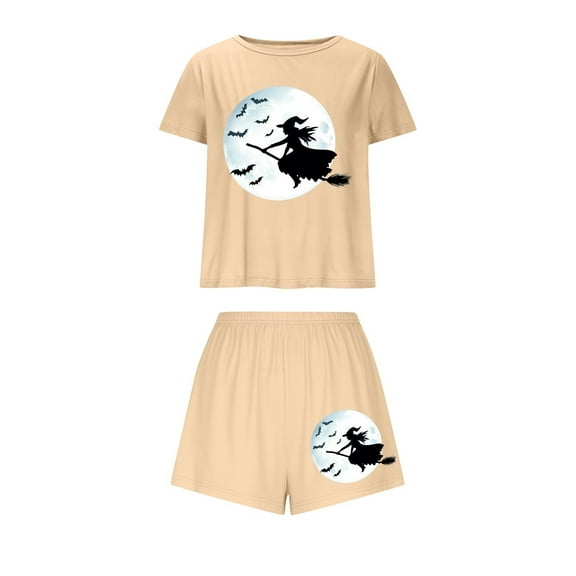 Tnhcen Women's Halloween Spooky Witch Print Pajama Set Soft Sleepwear with Stretchy Waistband Athletic Style Short Sleeve PJs for Cozy At-Home Plus Size Included (S-XL)