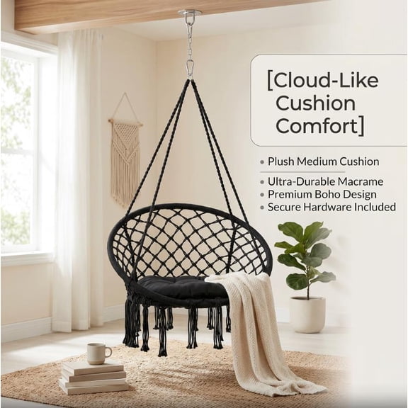 Sturdy Hanging Chair, Swing Chair for Bedroom, Soft Cushion Macrame Swing Chair for Bedroom