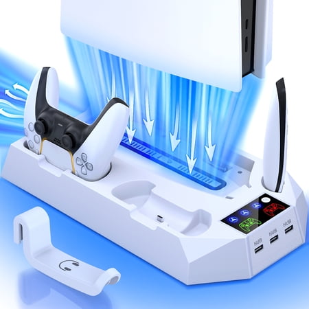 Beboncool PS5 Silm Stand with Cooling Fan for 2020 Playstation 5 Disc/Digital Console/2023 New PS5 Silm,PS5 Accessories with Dual Charger Station,White