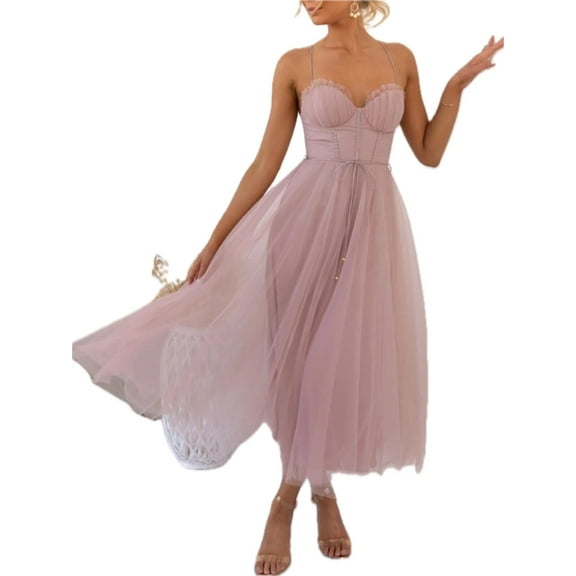 Women's Sweetheart Neck Tulle Midi Dress 100% Polyester Lined Crisscross Tied Mesh Zipper Ideal Evening Formal Wear