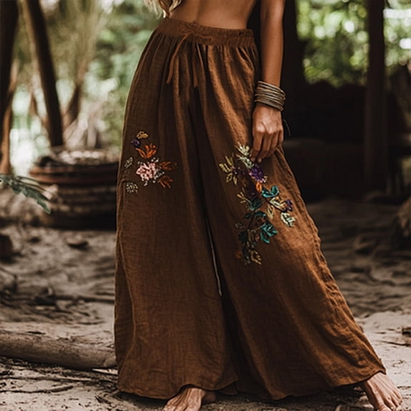 Bovemsi Women's Bubble Texture Linen-Like Ethnic Print Casual Pants – Retro Floral Wide Leg Trousers for Summer, Brown, M