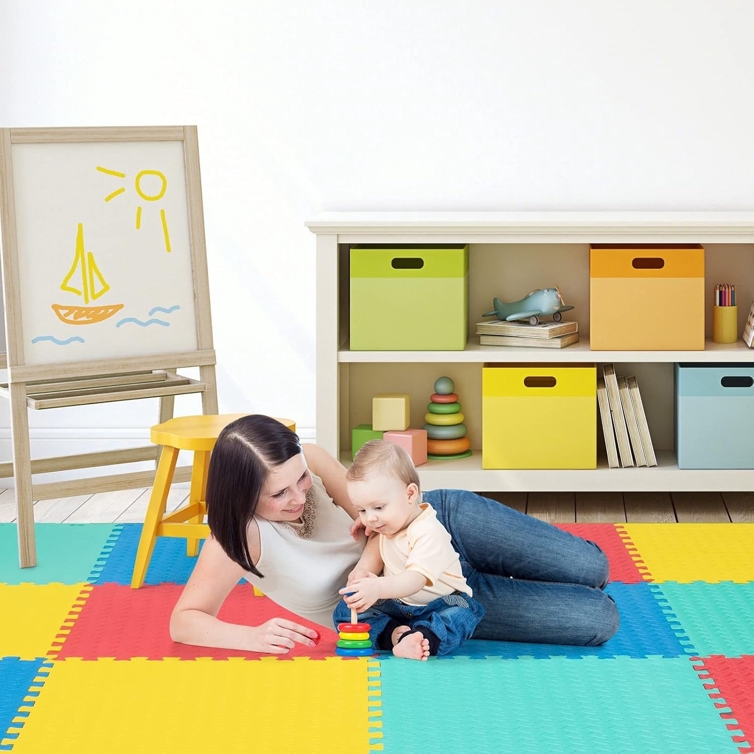 12 Tiles Exercise Flooring Mats with Border, Non-Slip EVA Foam Protective Mats, Elastic Puzzle Play Mats, 1/2" Interlocking Floor Mats for Home Gym, Fitness Room, Workshop Equipment