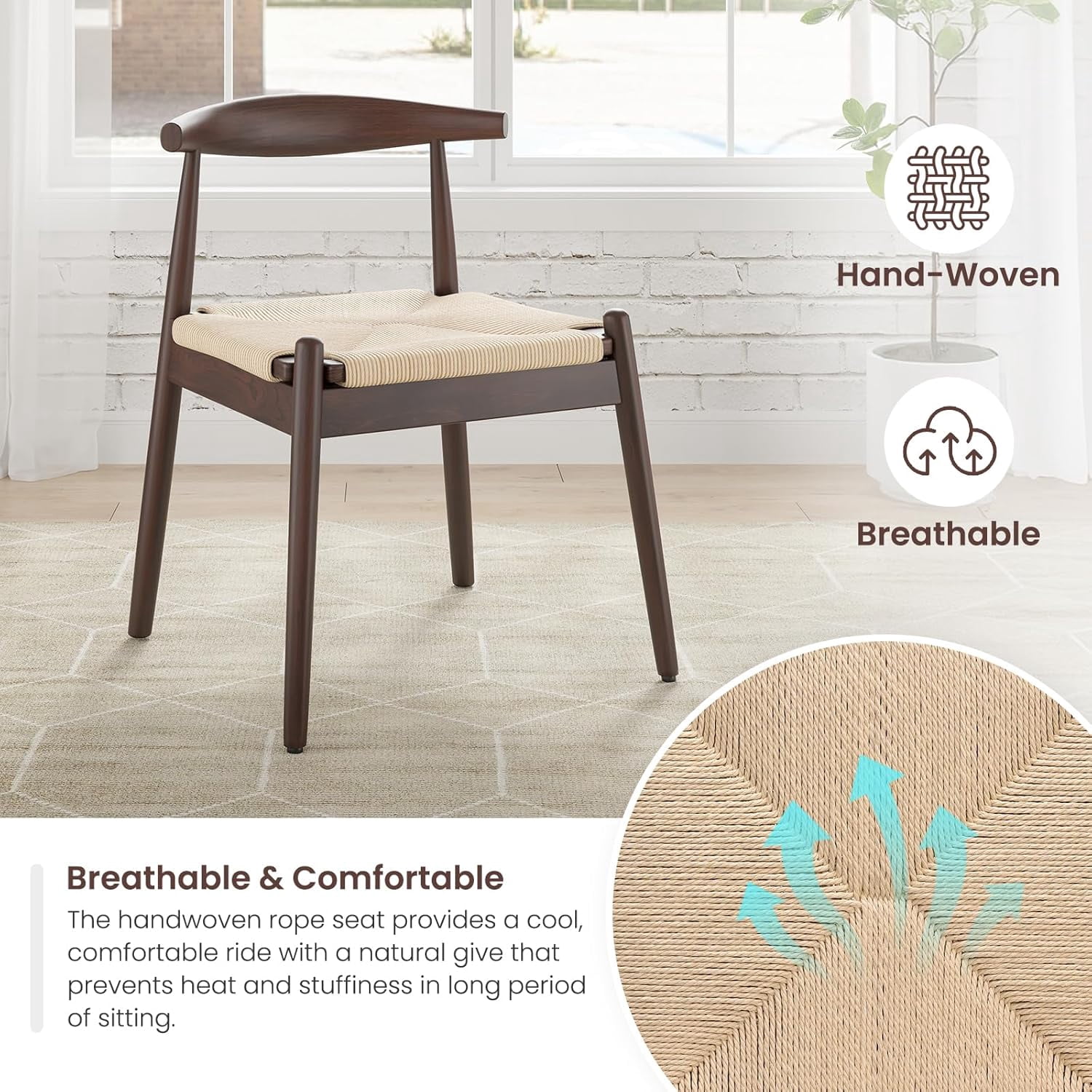 Farini Mid-Century Dining Chairs Set of 4, Solid Wood Frame & Woven Leather Seats, Latte-Beige