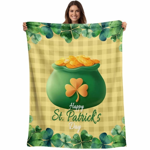 Happy St. Patrick's Day Blanket Soft Cozy Warm Throw Blanket for Couch, Plush Fuzzy Flannel Fleece Blankets for Sofa, Spring Coin Clovers Yellow Plaid Bed Blankets Lightweight Gifts for Men, 50"x60"