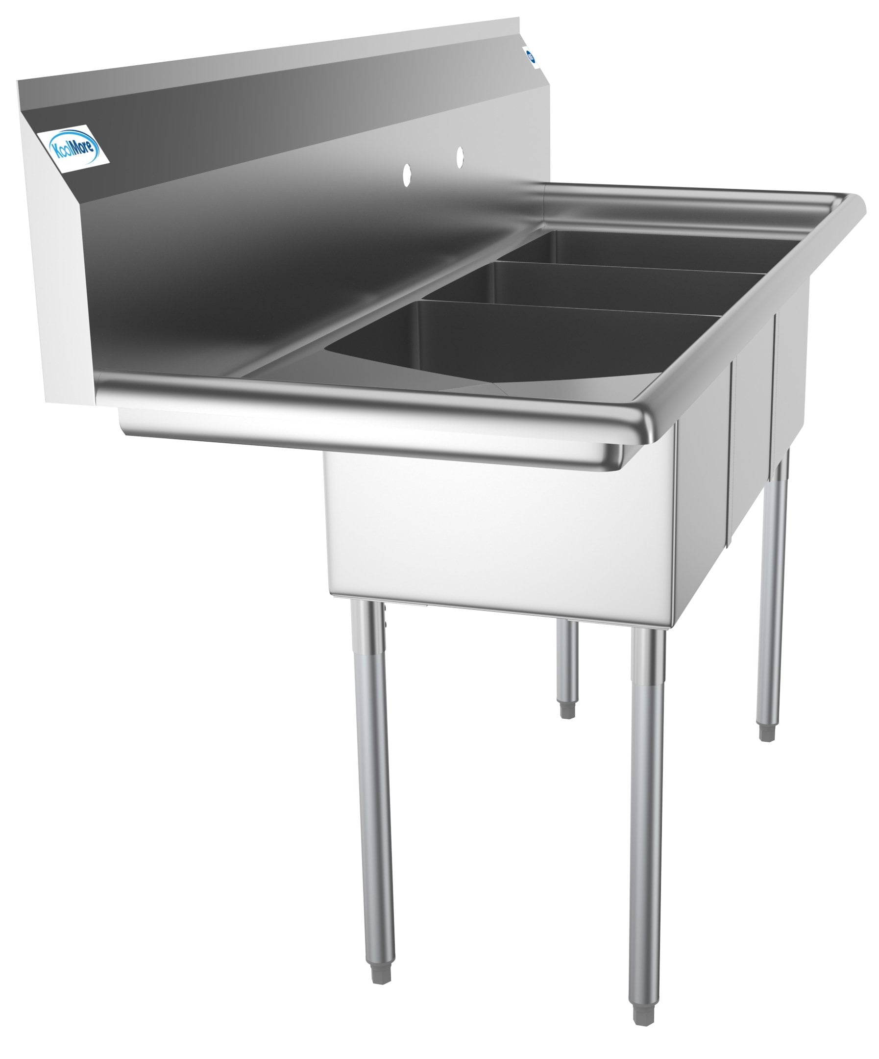 3 Compartment 55" Stainless Steel Commercial Kitchen Sink with Large Drainboard - Bowl Size 12" x 16" x 10"