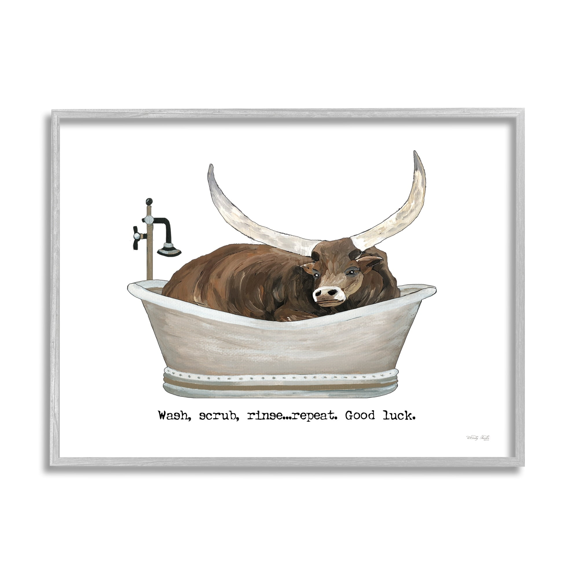 Stupell Industries Longhorn Cattle Bathtub Country Bathroom Typography Graphic Art Gray Framed Art Print Wall Art, Design by Cindy Jacobs