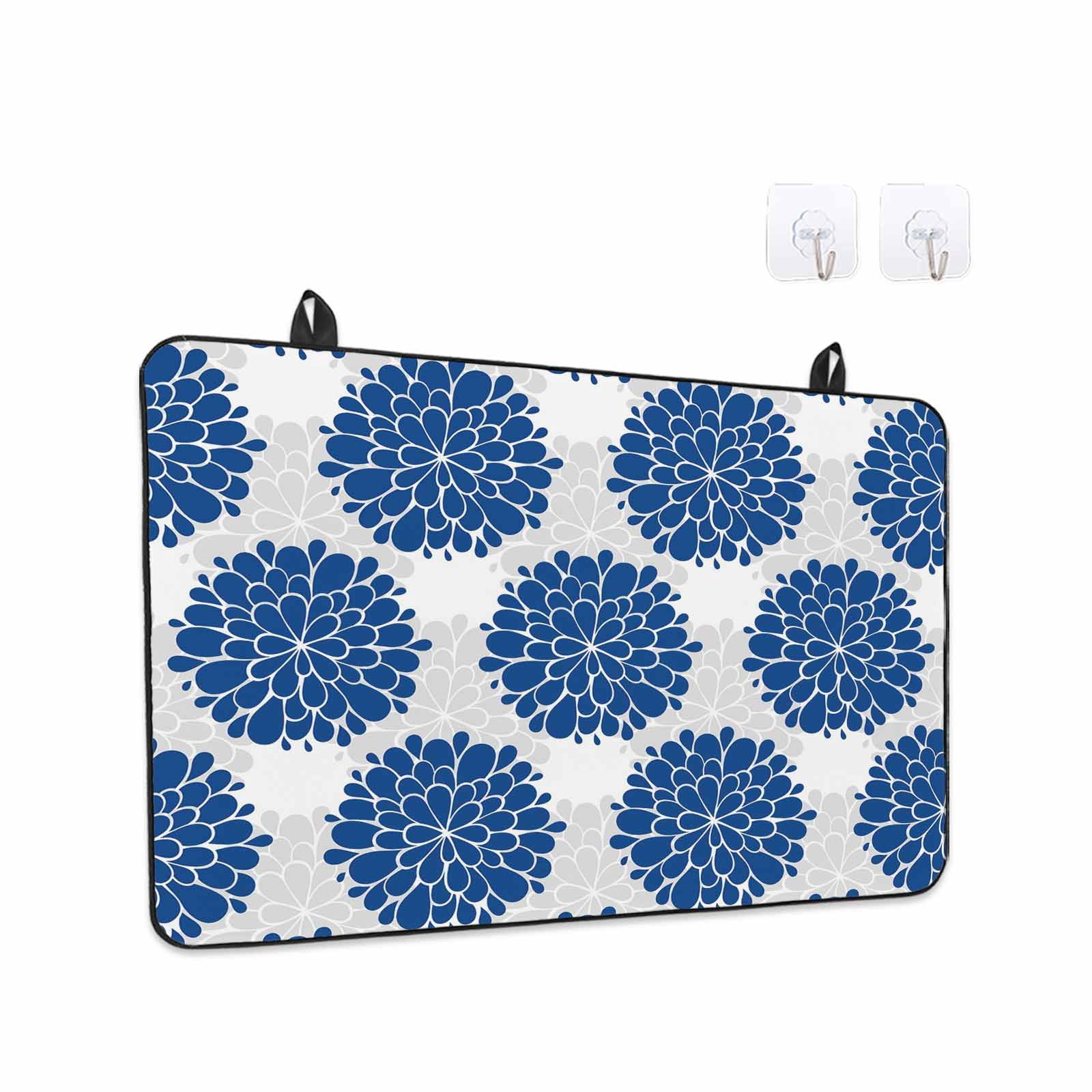 Dahlia Flower Stove Top Cover for Electric Stove, Heat-proof & Non Slip Glass Top Stove Cover Protector, Farmhouse Botanical Blue Grey Floral Kitchen Flat Cooktop Rubber Mat 24x21 Inches
