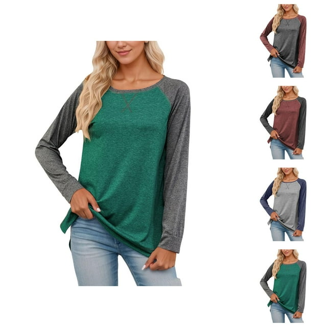 Women's Long Sleeve Shirts 2026 Spring Fashion Crewneck Raglan Sleeve Relaxed Fit Color Block Casual T Shirts