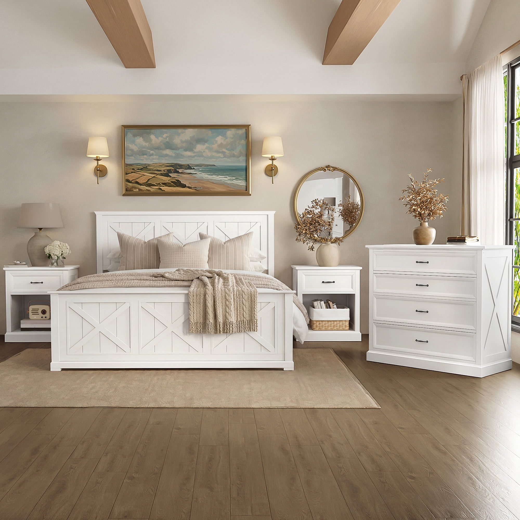 Mintazer 4 Piece Farmhouse Bedroom Set, Bedroom Furniture Set with Queen Size Platform Bed Frame and 2 Nightstands & Dresser for Bedroom, White