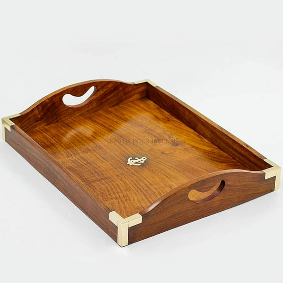 Nagina International Nautical Handcrafted Rosewood Dark Deep Rich Tray with Glorifying Brass Polished Corners & Inlaid Anchor | Kitchen Dinner Breakfast Multipurpose Tray (Large)