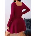 thumbnail image 4 of Women Square Neck Dress Casual Spring Long Sleeve Knit Pleated Elegant Classy Mini Dresses Wine Red S, 4 of 9