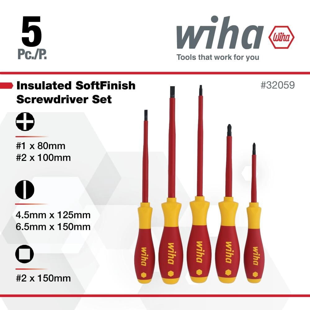Wiha Tools 5 Piece Insulated SoftFinish Slotted/Phillips Screwdriver Set