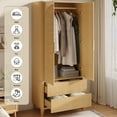 thumbnail image 2 of UGTOO 70"H 2-Door Armoire Wardrobe with 2 Drawers & Fluted Design Natural Wood Color Closet with Gold Handles, Freestanding Clothes Storage Cabinet for Bedroom, 2 of 7