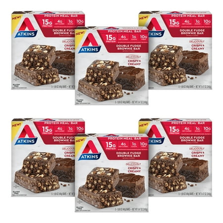 Atkins High Protein Creamy Meal Replacement Bar, Double Fudge Brownie, 5 Count, 6 Pack