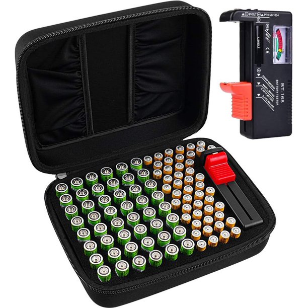 (SOLO ESTUCHE) Caja de almacenamiento organizadora de baterías, soporte para 48 pilas AA, 48 pilas AAA totales 96 con probador de baterías, 2 bolsillos adicionales