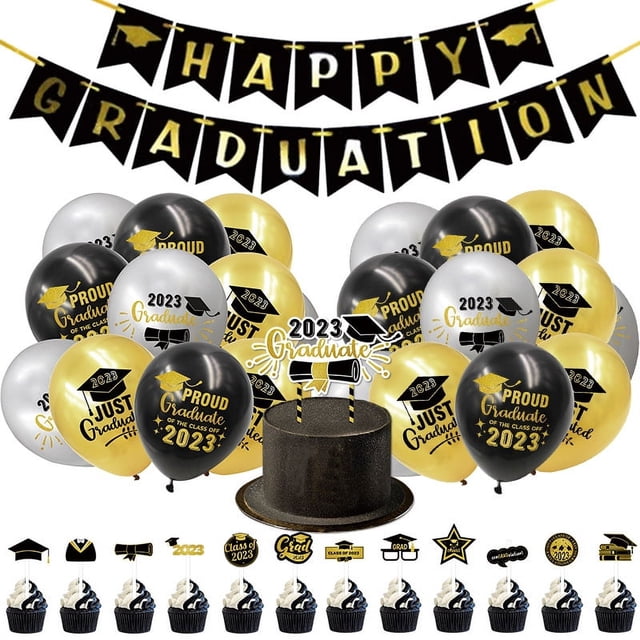 Kit de pancartas y globos de graduación, pancarta de graduación, globos de látex de graduación de oro negro para decoraciones de graduación de la universidad de la escuela secundaria