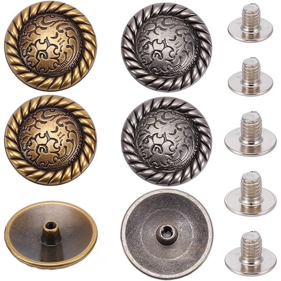 8Pcs 4 Colors Retro Decorative Buckle Screw Back Buttons Flat Round Classical Vintage Western Style Replacement Buckle for DIY Leather Craft Fabrics Goods Accessories Set