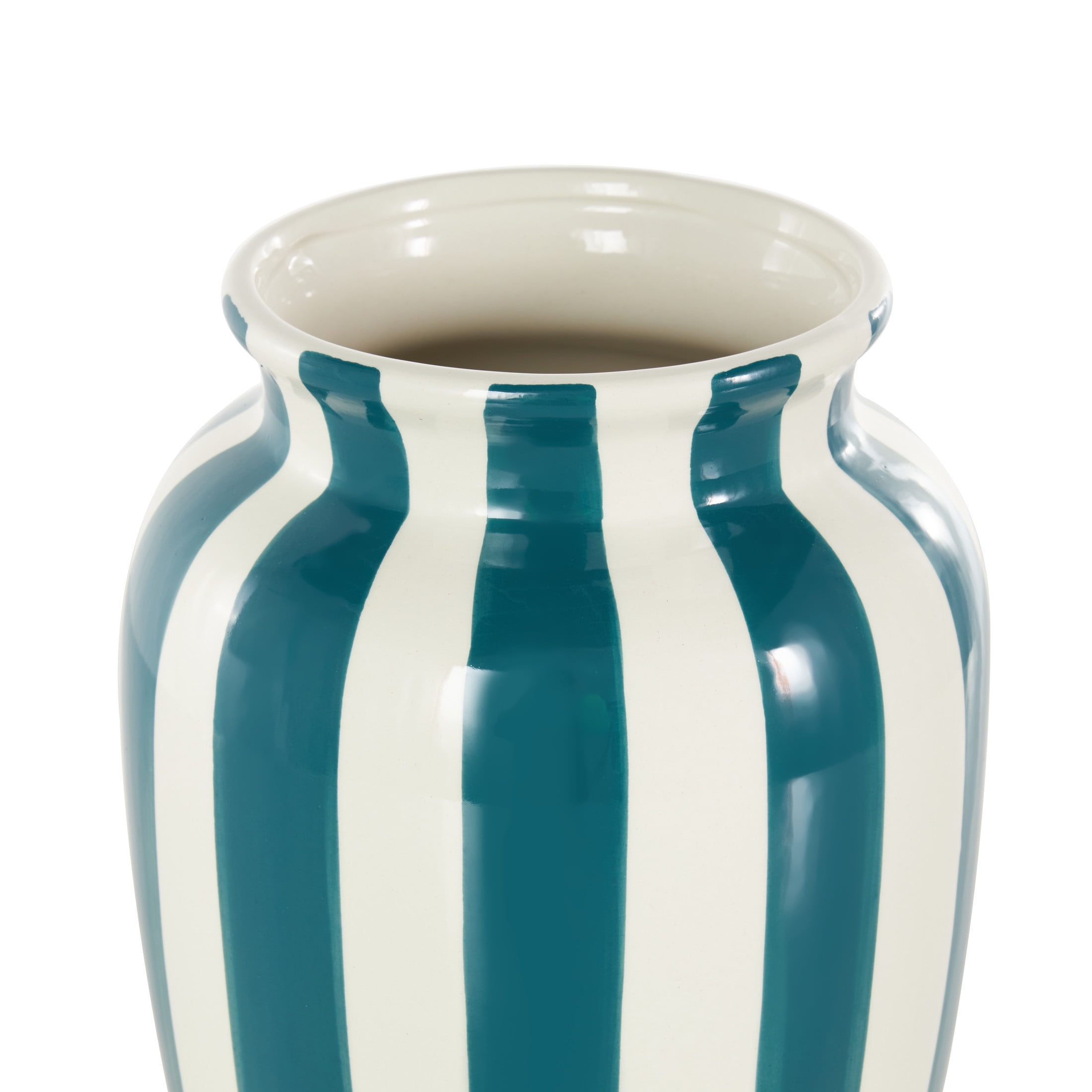 DecMode 10" Round Wide Teal Ceramic Vase with White Vertical Stripes