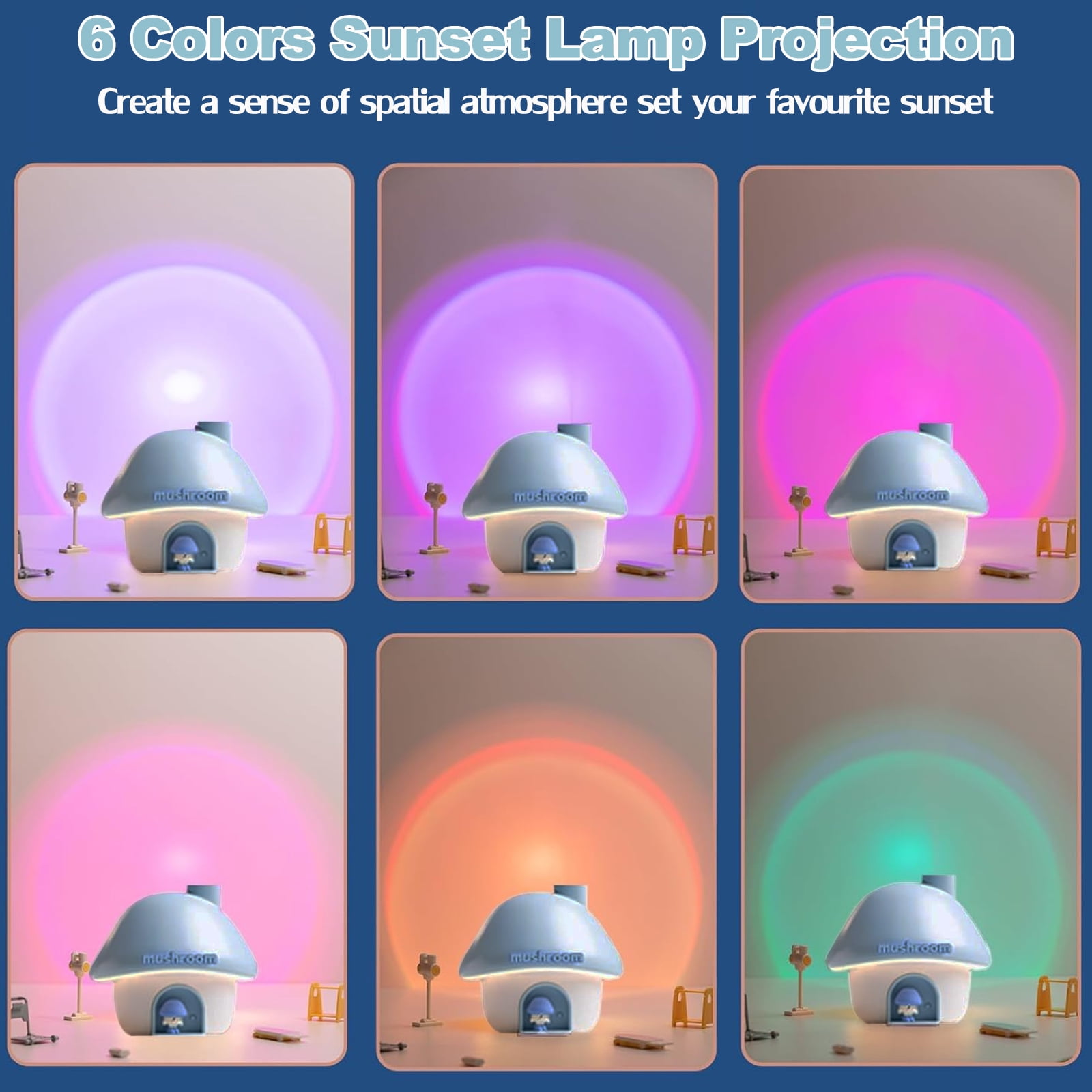 Humidifier for Bedroom, 300ML Cute Mushroom Humidifier with Night Light & 7 Colors Sunset Lamp Projection, Rechargeable Cool Mist Small Humidifier, Mini Humidifier Gifts for Kids Boys Girls
