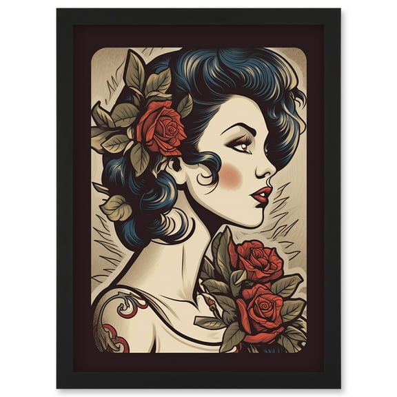 Pin Up Girl Tattoo Ink Body Art Floral Retro Rockabilly Americana 50s Artwork Framed Wall Art Print A4
