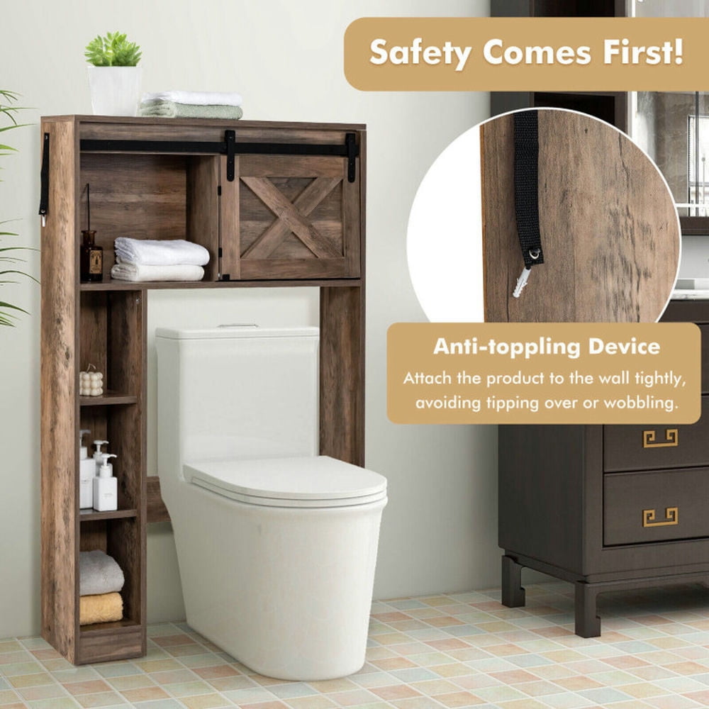 Finihen Toilet Storage Cabinet, Bathroom Cabinet Organizer, 4-Tier Over The Toilet Storage Cabinet with Sliding Barn Door and Storage Shelves, for Bathroom, Brown
