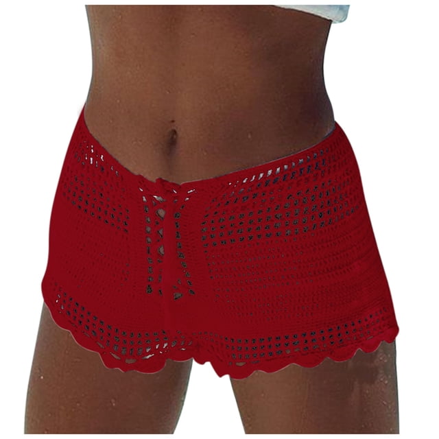 Women's Summer Knitted Hollow Out Drawstring Beach Shorts - Elastic Polyester, Swim & Vacation Essential