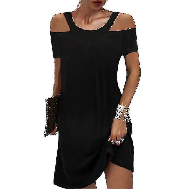 Womens Plain Cold Shoulder Short Sleeve Mini Dress Summer Casual Shift Dresses-DF
