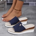 thumbnail image 4 of Women’s Denim Fabric Jute Trim Wedge Slide Sandals, Metal Button Decor Open Toe Indoor Outdoor Platform Slippers, 4 of 6