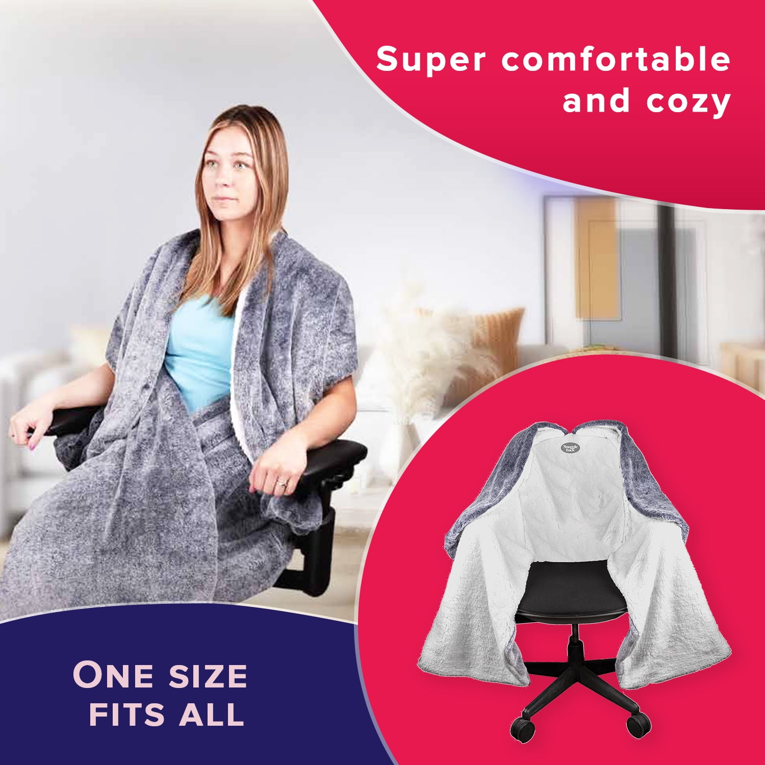The Original Office Chair Blanket by SnuggleBack; Cozy Comfy Office Desk Chair Wrap Attaches for Convenient Heat. Stay Warm In The Winter or Summer. Gray Pattern Fleece with Sherpa Fur Lining