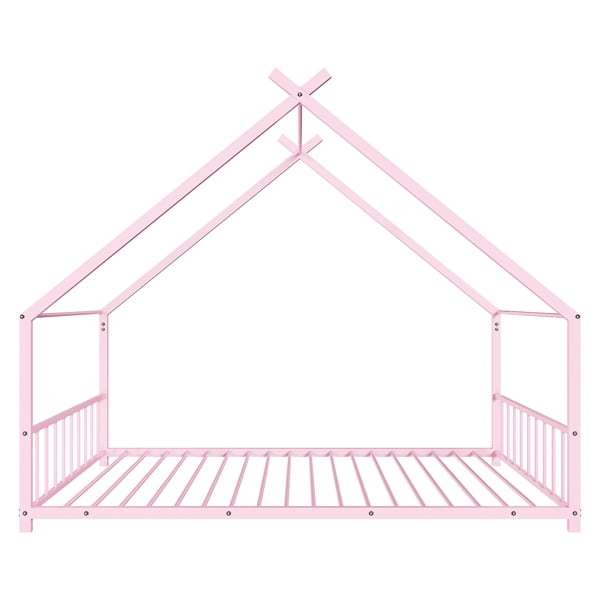 Alvantor Twin Metal House Bed for Girls and Toddlers with Side Guardrails, Pink