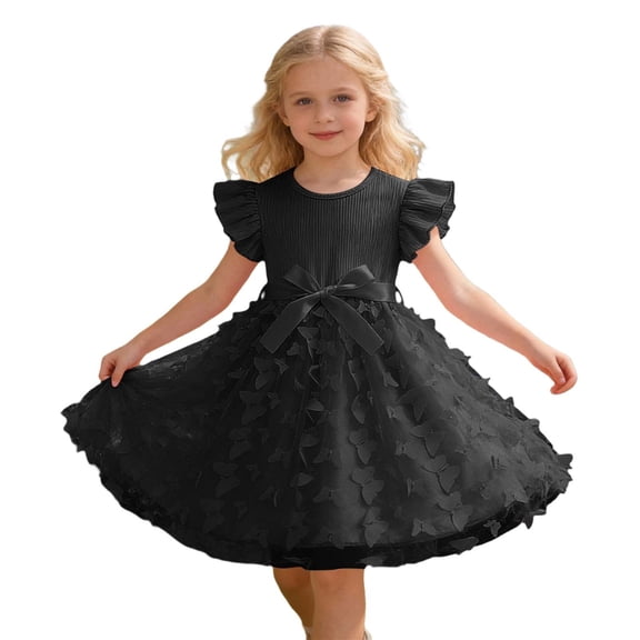 RMGVDSD Toddler Flower Girl Dress Girls Summer Dress Ruffle Sleeves Tulle Dresses Bowknot Tutu Birthday Princess Dresses Party Sundress 3-4 Years