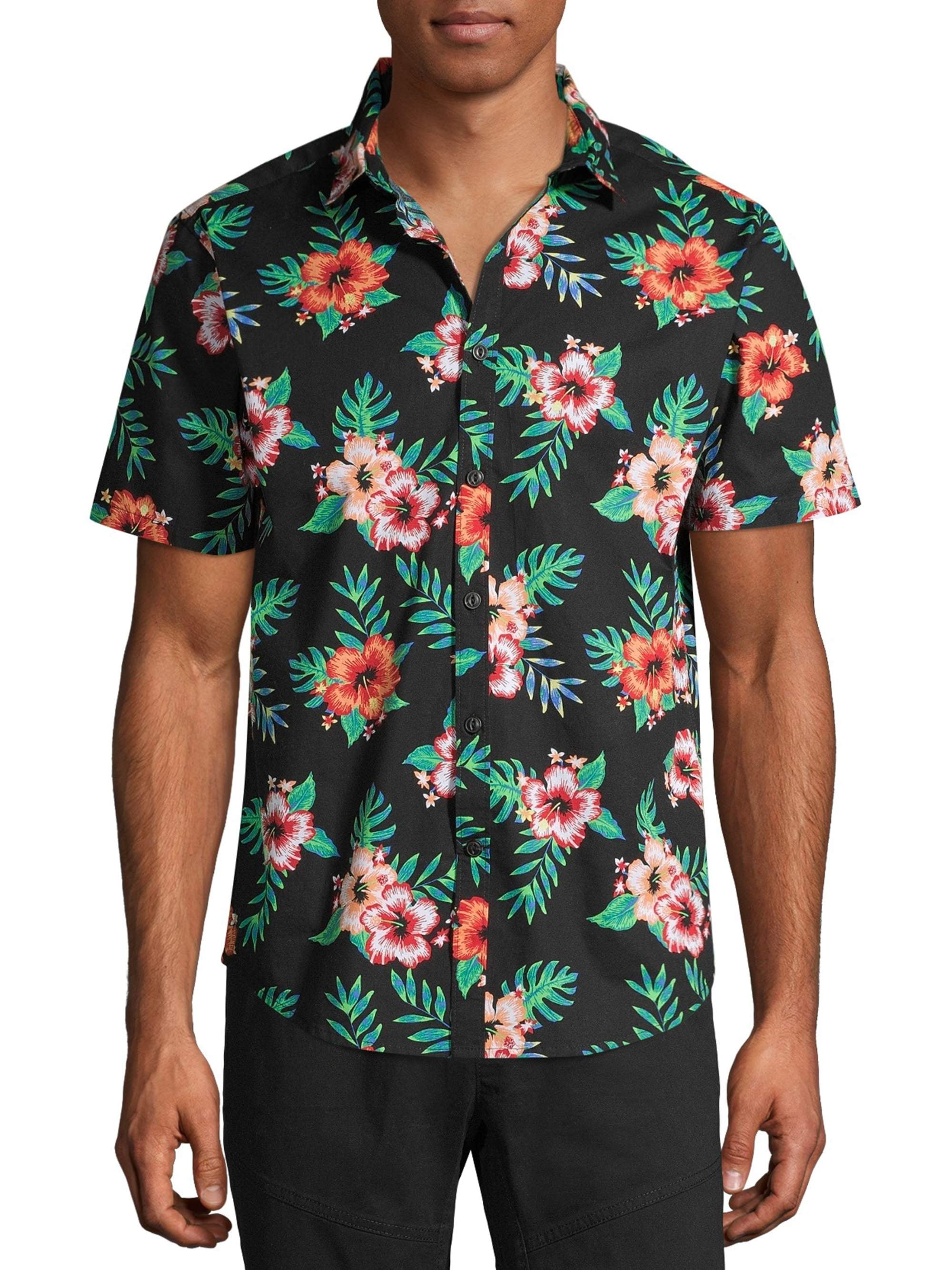 EKIMI Mens Short Sleeve Standard-Fit Tropical Hawaiian Shirt Casual Button Down Flower Printed Poplin Shirts Blouse 