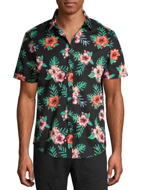 No Boundaries Men's Tropical Print Short Sleeve Button Up Shirt, up to Size 3XL